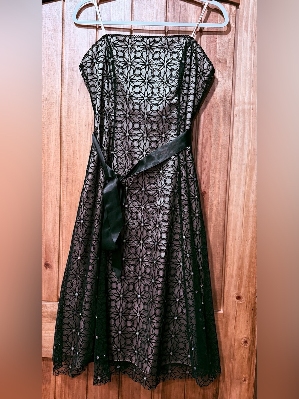 Adrianna Papell Black Floral Lace Midi Dress with Satin Sash